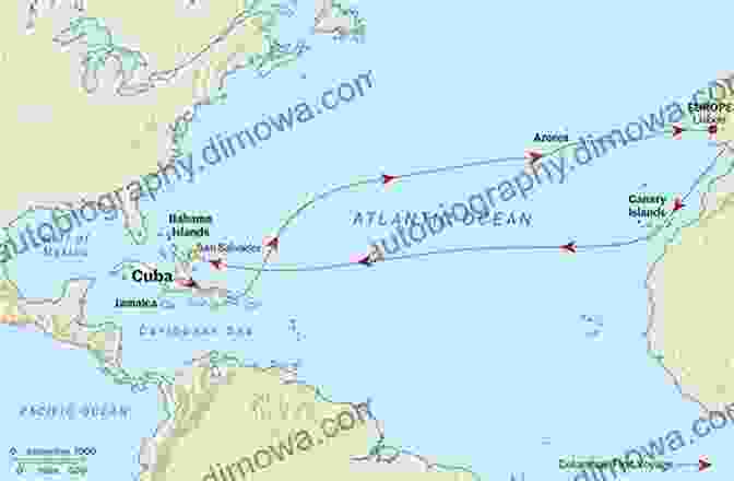 Intriguing Map Of Christopher Columbus's Voyage Across The Atlantic Ocean, Showcasing The Daring And Ambition Of The Explorer The Voyage Of Christopher Columbus